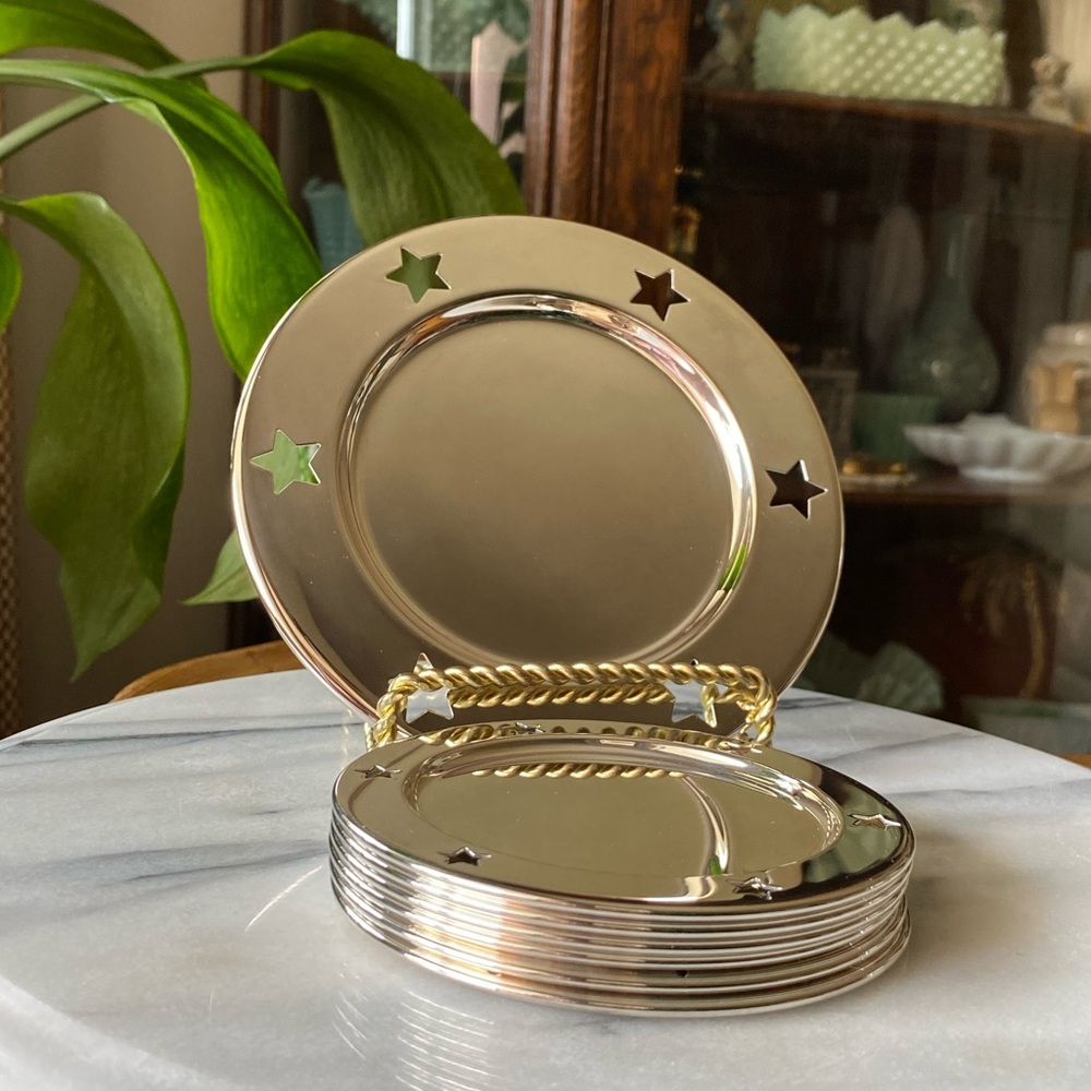 Vintage Set of 7 Elegance Silver Plated Star Coasters Bottle + Glasses